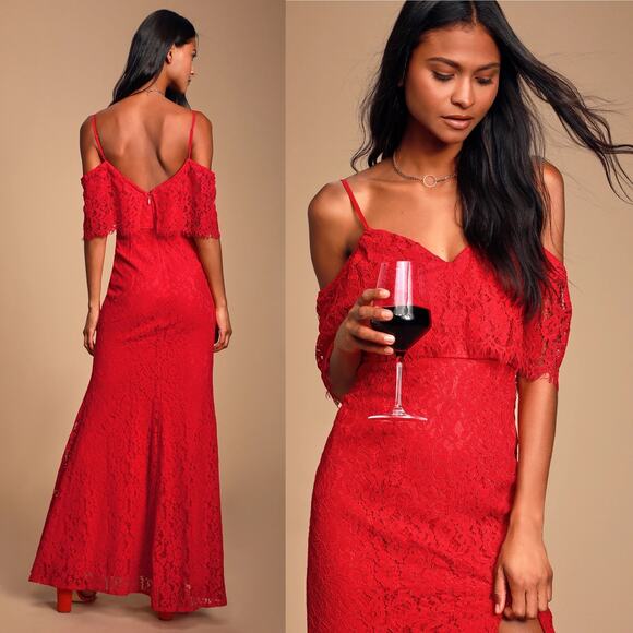 Lulus Caterina Red Lace Off-the-Shoulder Maxi Dress - Picture 2 of 10